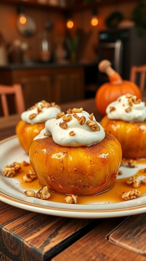 Cinnamon baked apples with cottage cheese and walnuts, served warm in a rustic kitchen.